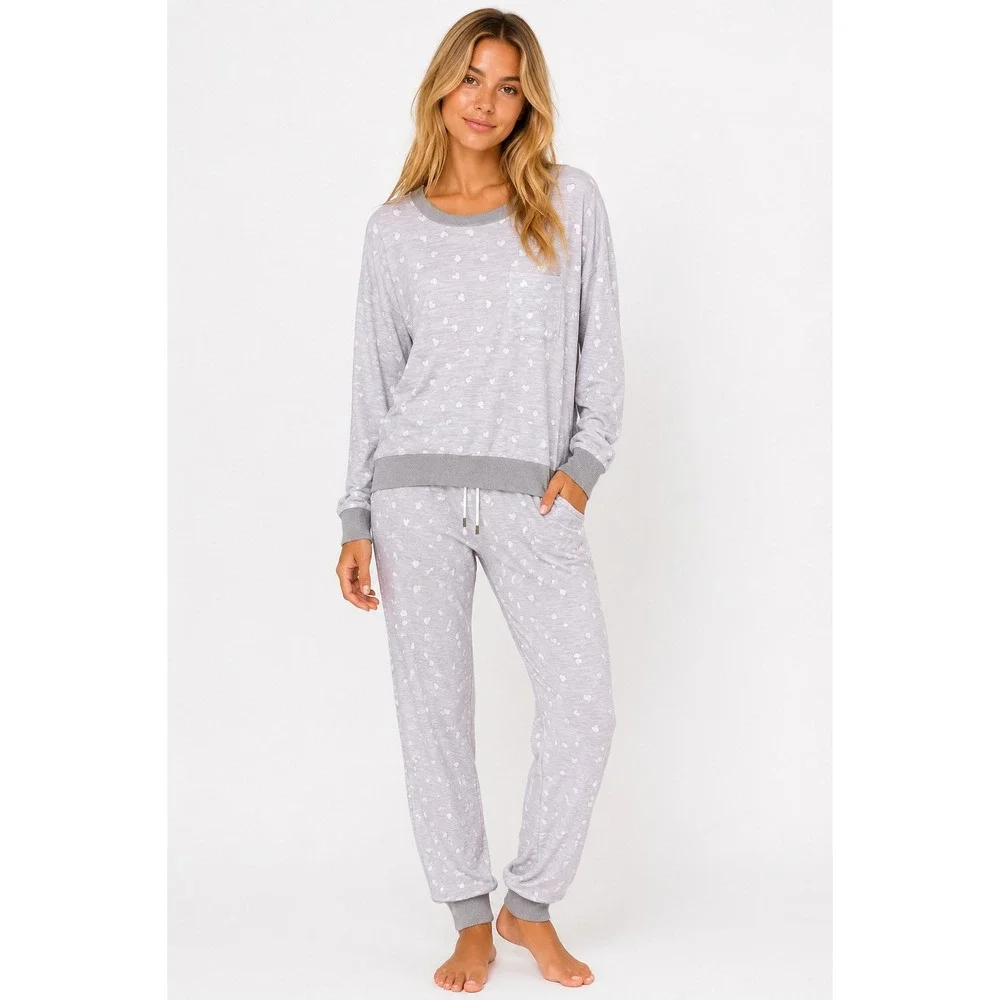 Splendid Womens M Pajama Set Gray‎ Heart Print Long Sleeve Jogger Lounge Sleep